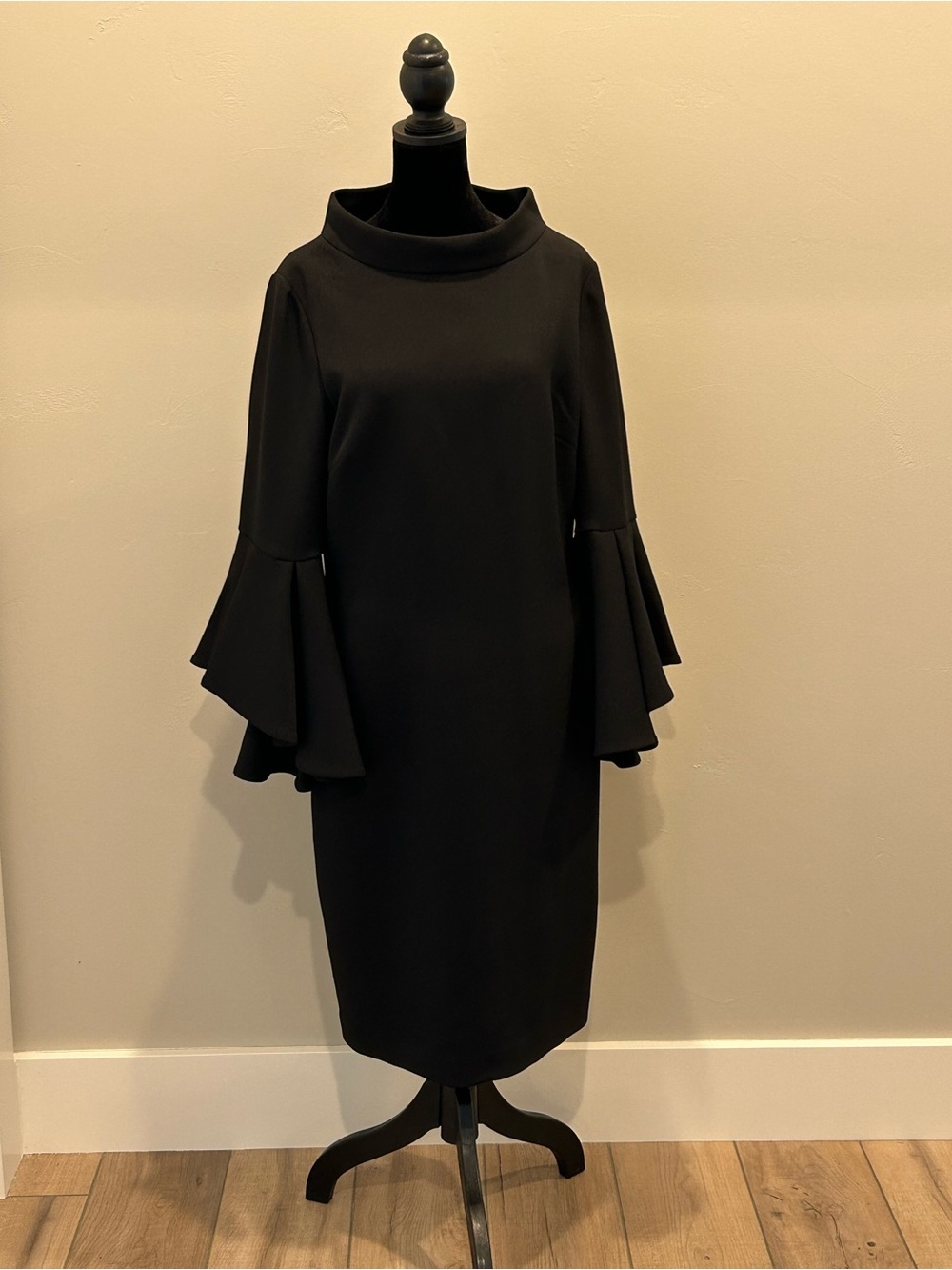 Badgley Mischa Elegant Black Bell-Sleeve Midi Dress, Size 12